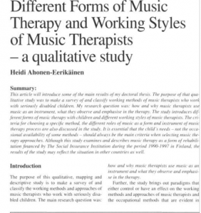 Different Forms of Music Therapy and Working Styles of Music Therapists— qualitative study. Nordic Journal of Music Therapy, 8(2), 156‑167.